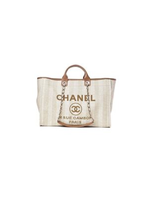 CHANEL Woven Straw Raffia Striped Medium Deauville Tote