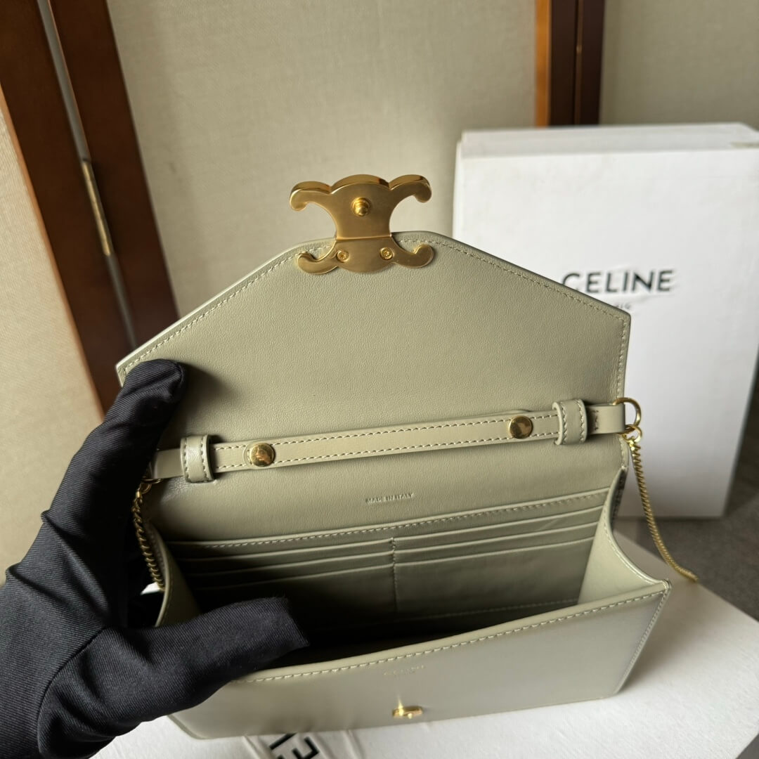 Reen Yellow CELINE MARGO Shiny Calfskin Leather Chain Wallet - Image 8
